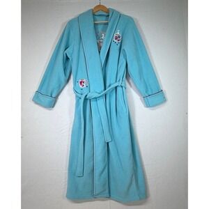 Fleece Bath Robe Medium Blue Coffee Cup Embroidered‎ Cozy Lounge Sleep Wear